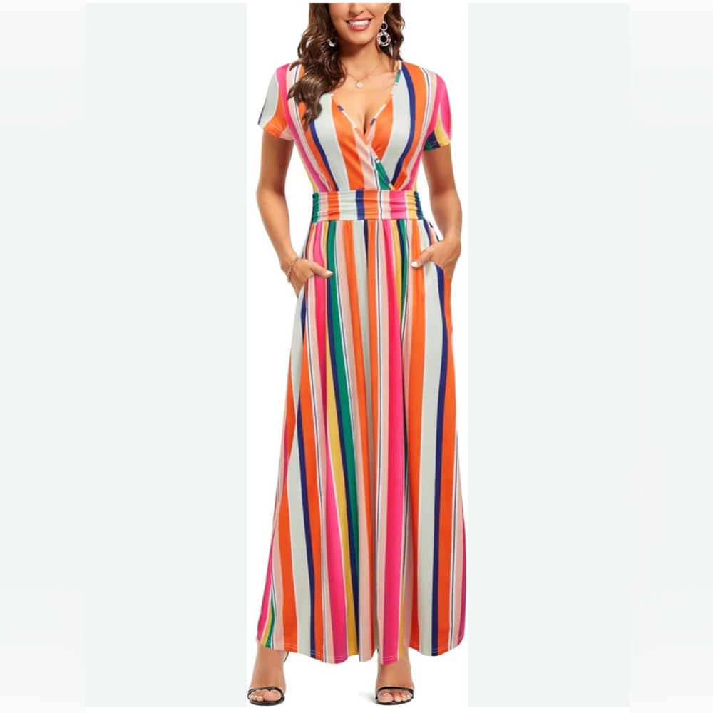 Striped V-Neck Maxi Dress with Pockets - Multicolor